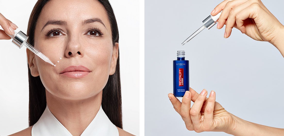 Eine Fotocollage bestehend aus zwei Bildern mit Eva Longoria die auf beiden Fotos ein Serum von L'Oréal in den Händen hält